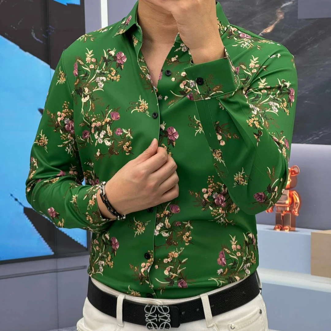 轩诚2025新款修身长袖衬衫痞帅休闲流行印花个性男装潮流小碎花