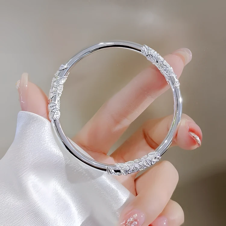 足银手镯 繁花似锦足银999.9手镯实心闭口镯浮雕花丝