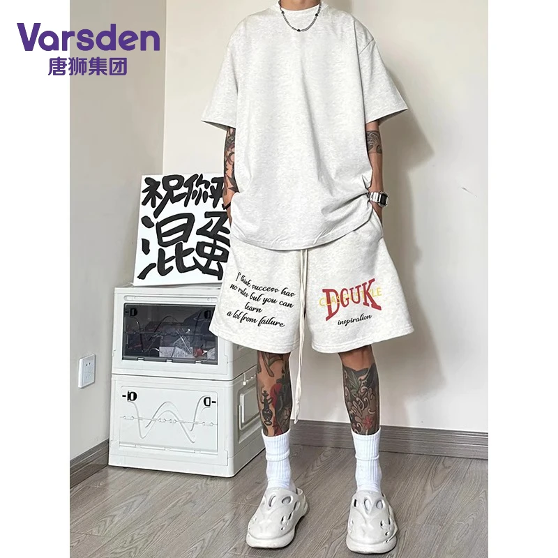 唐狮集团Varsden美式logo几何印花短裤夏季男新款高街宽松休闲裤