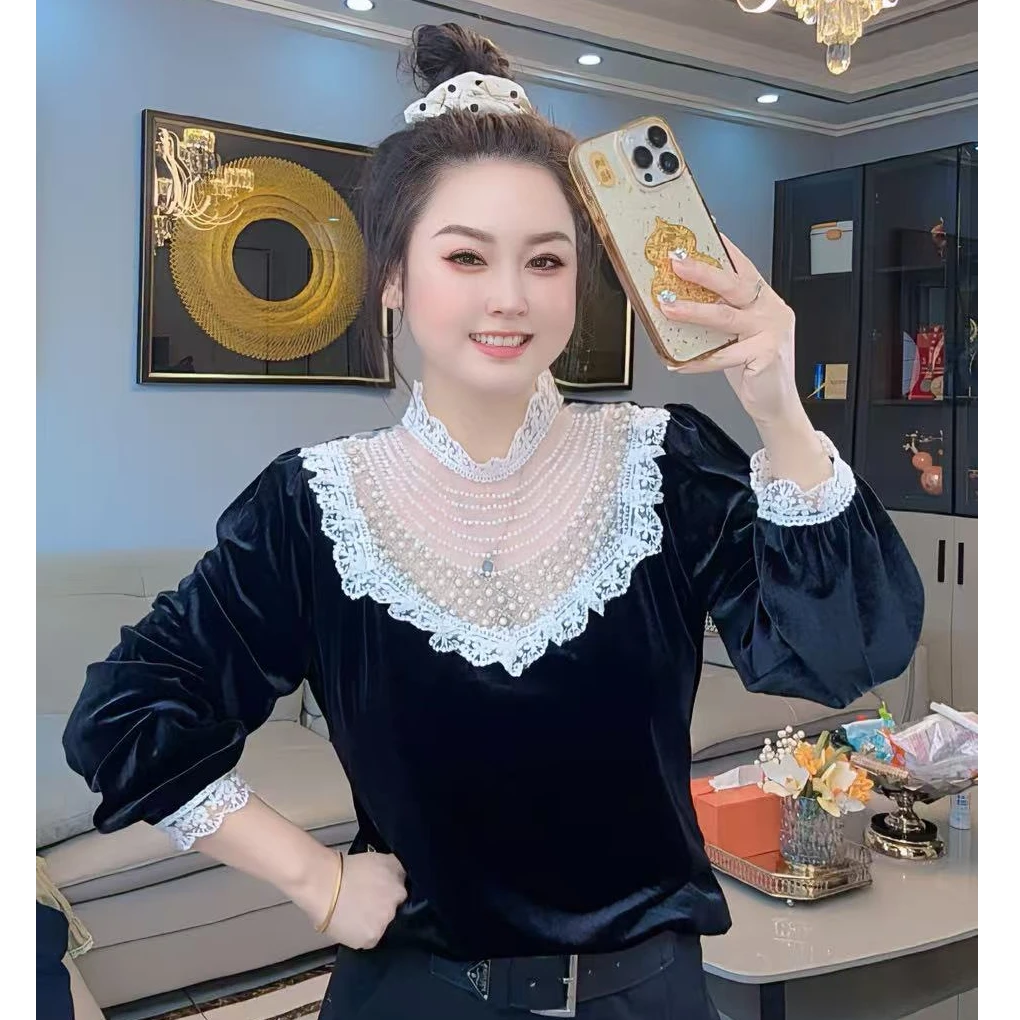 秋季新款法式重工网纱钉珠蕾丝边拼接金丝绒上衣显瘦遮肉百搭潮