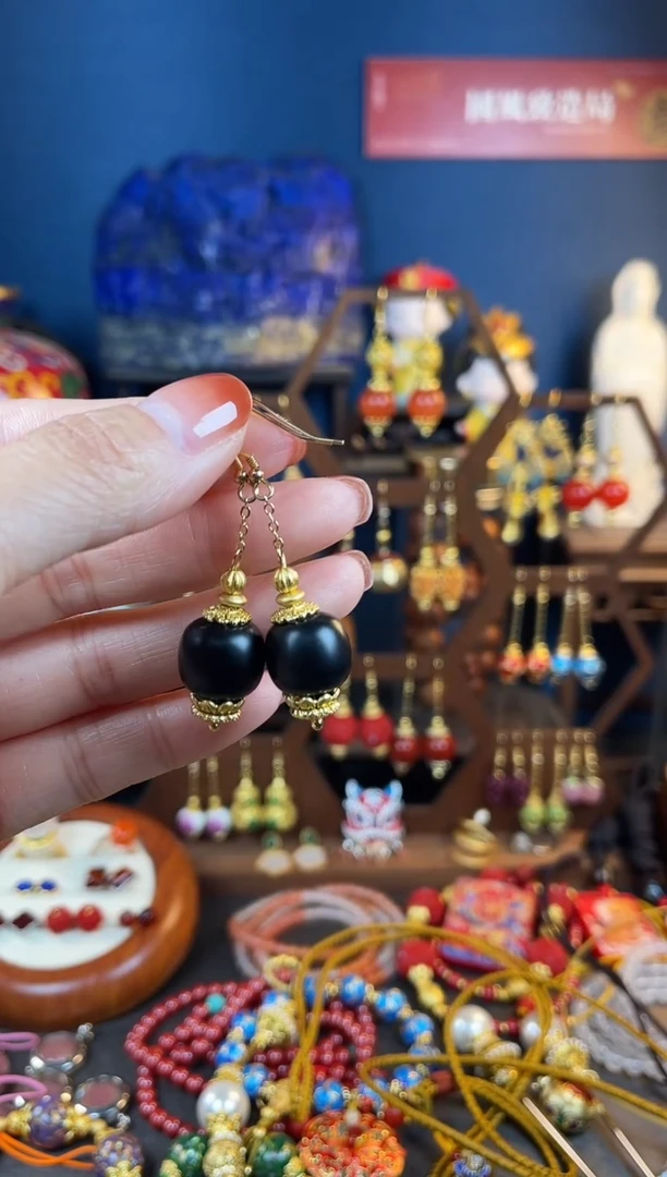 【闪购商品】和田玉（墨玉）耳钩银S925镀金镶嵌墨玉耳钩