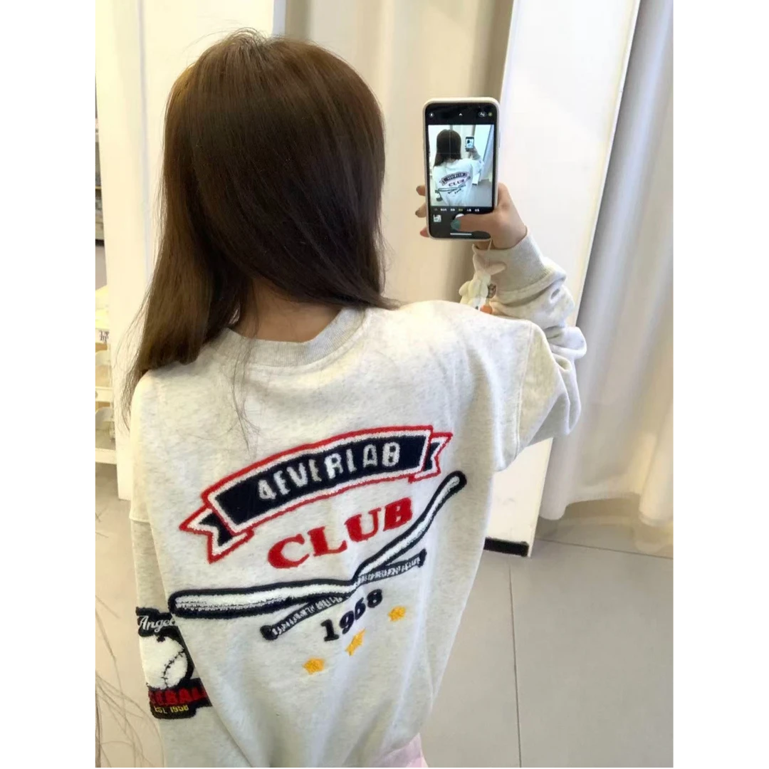 秋冬新款国潮牌美式复古个性棒球字母刺绣圆领卫衣男百搭情侣上衣