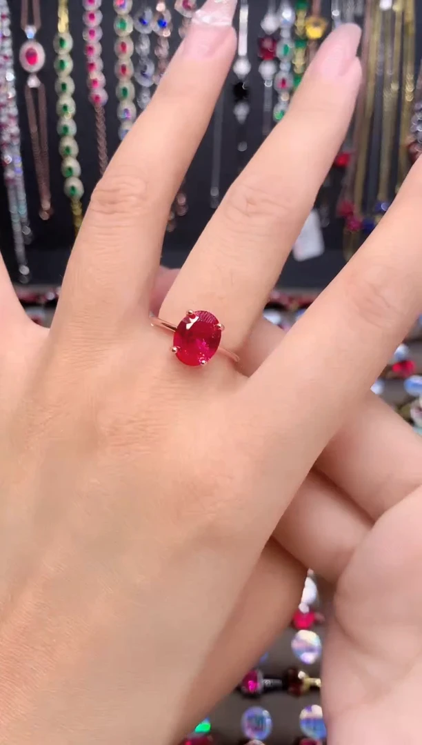 红宝石戒指银S925镶嵌玫瑰金