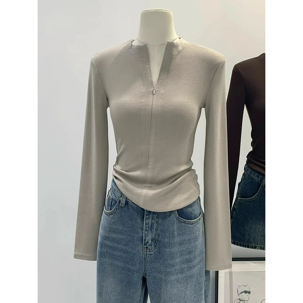 设计感拉链小众修身打底衫女春秋2025新款内搭可外穿长袖百搭上衣