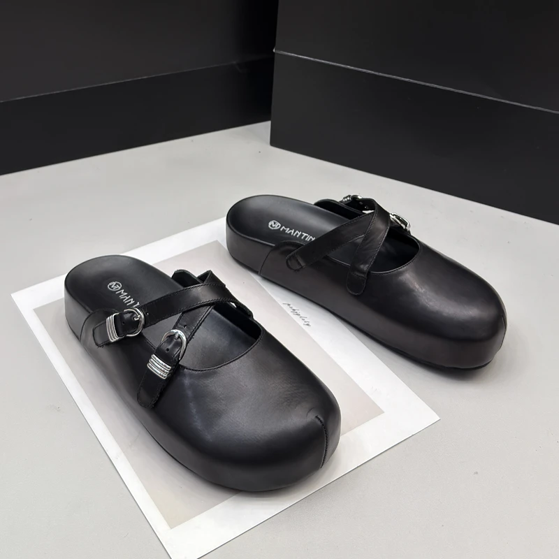 WY281-2包头半拖女外穿2025新款真皮厚底松糕交叉带大头凉拖鞋潮