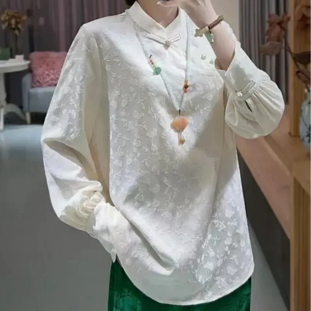 【刘家】碎花小蝴蝶提花斜襟立领盘扣衬衫