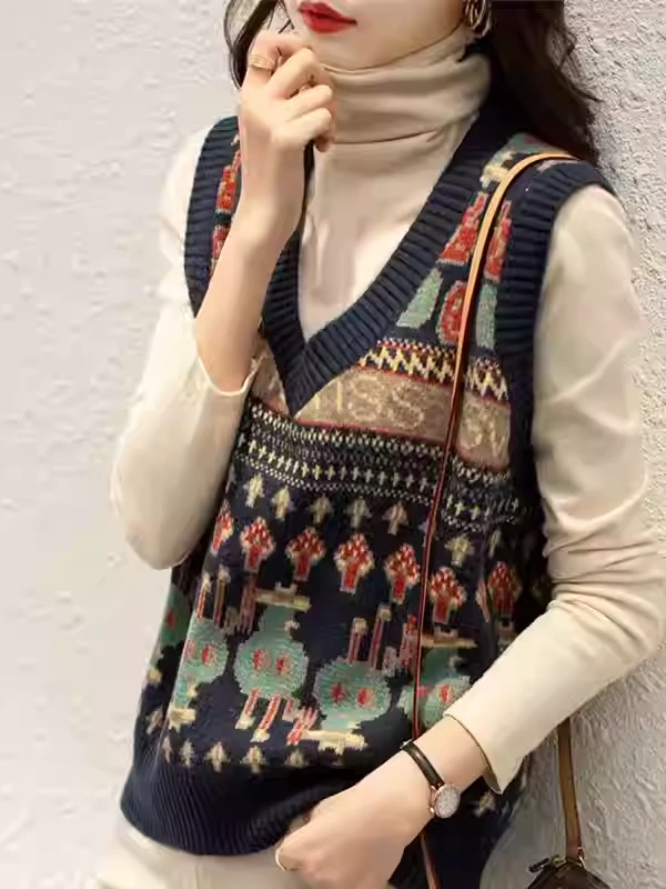 职业阿玛诗官2025秋冬新款复古马甲背心宽松V领无袖毛衣针织衫女