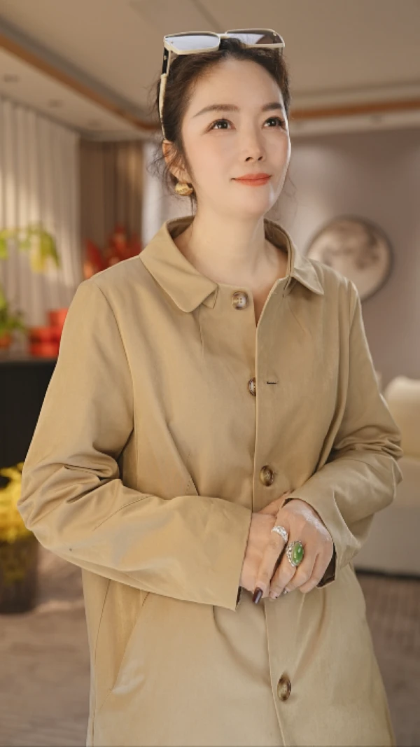 JIUER欧韩版斜口袋风衣 立领排扣 长袖百搭气质复古设计感25005