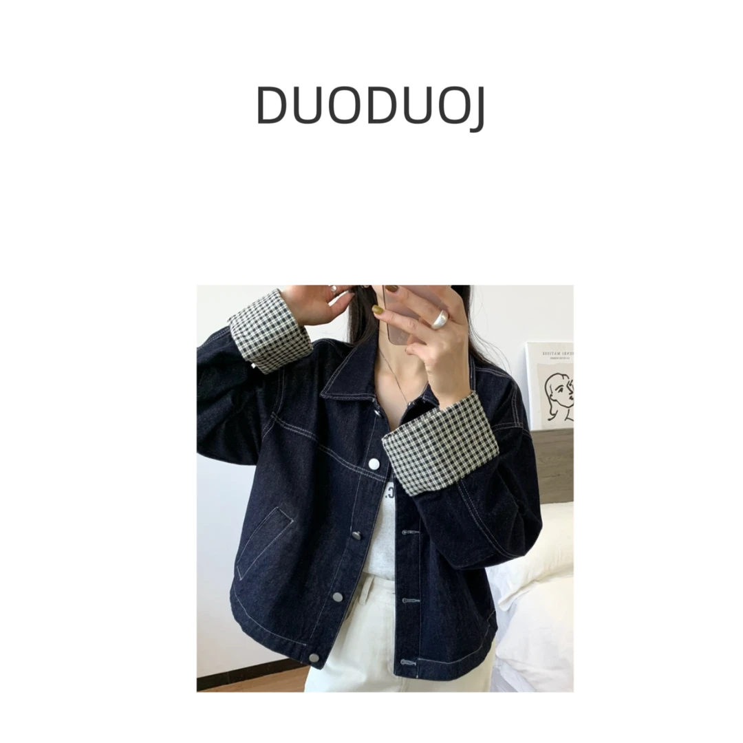 【DuoDuoJ】【格子袖牛仔外套919】韩版休闲百搭复古翻领撞色外套