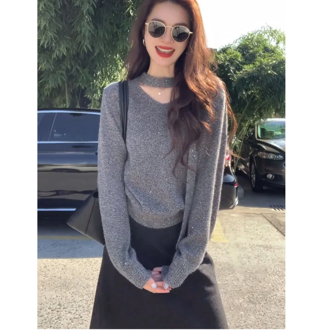 法式高级感深灰色软糯V领毛衣女秋冬2025秋季新款慵懒风宽松上衣