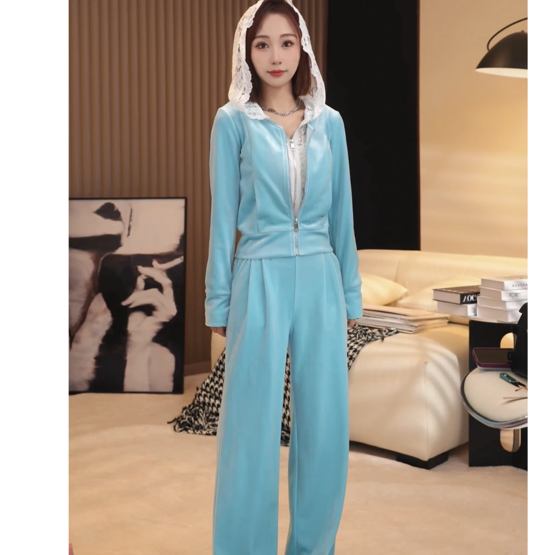 思思小个子女装【春季新款上衣假两件蕾丝连帽直筒裤两件套#25F002