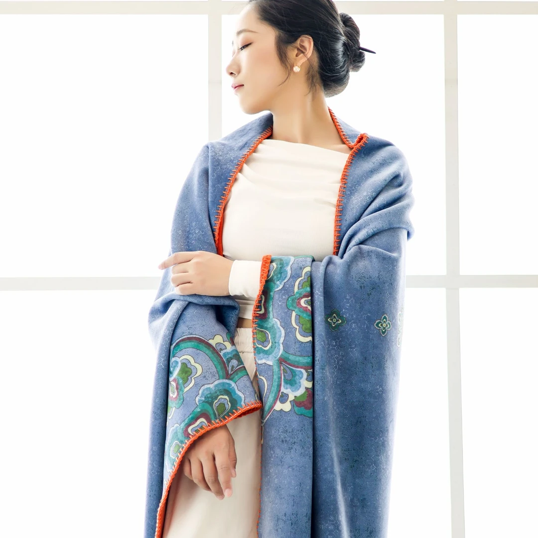 蓝色藻井敦煌有礼原创设计锦狐绒羊绒披肩新款秋冬季女保暖送礼