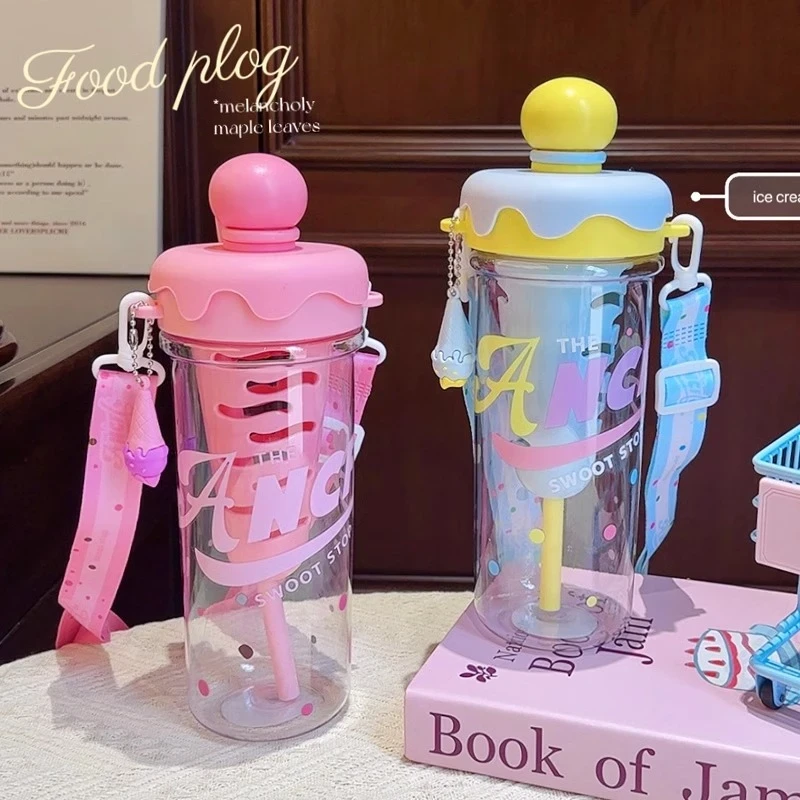 高颜值冰淇淋塑料杯子耐高温女学生卡通可爱便携吸管大容量水杯子