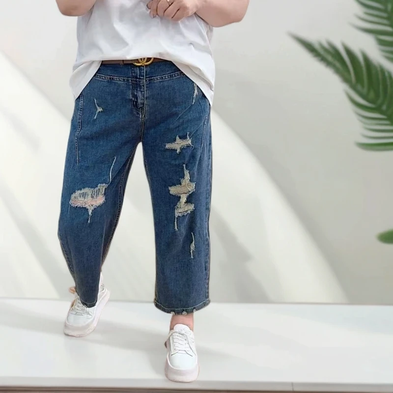 夏季款13690纸皮牛仔破洞筒筒裤