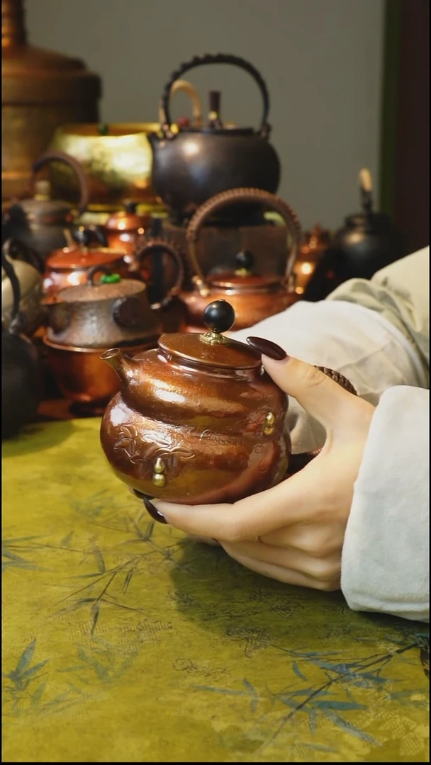 纯紫铜红色福禄泡茶壶