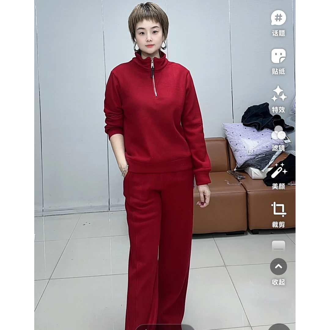 小施家韩版高端纯色半拉链立领加绒高货套装1835