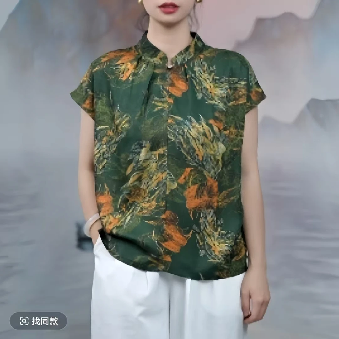 K520  女装印花短袖常规落肩袖唐装T恤夏季V领宽松速干提花时尚
