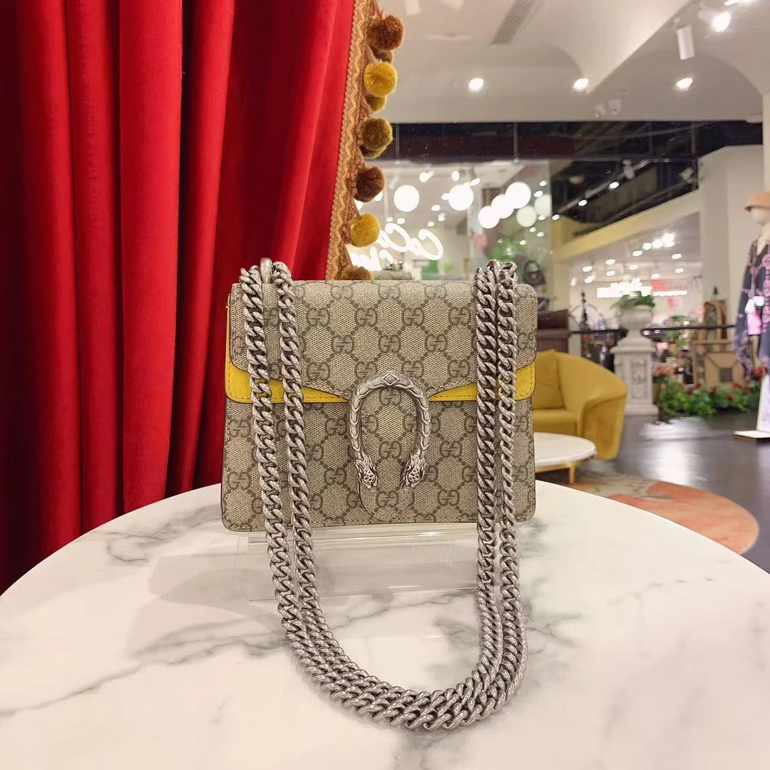95新 GUCCI/古驰 GGS酒神小号老花拼黄色银扣单肩包/22022132