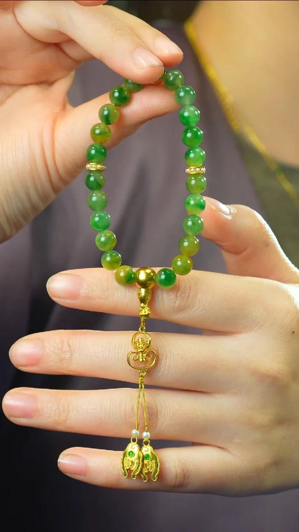 足金镶嵌手串翡翠猫*太【福寿双全】冰润黄加绿翡翠手串