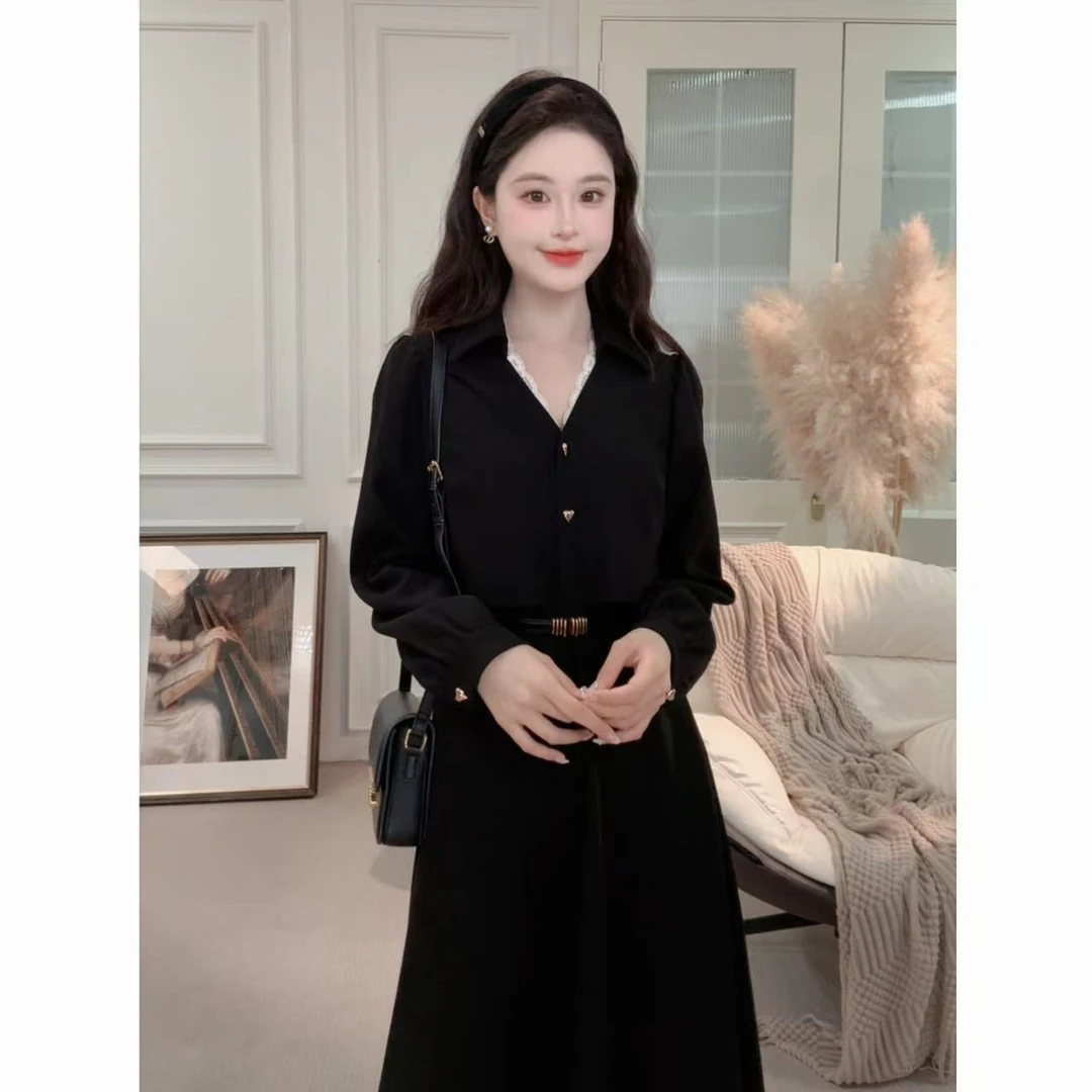 【气质攻略】MOMO秋冬黑色拼蕾丝假两件连衣裙L51601