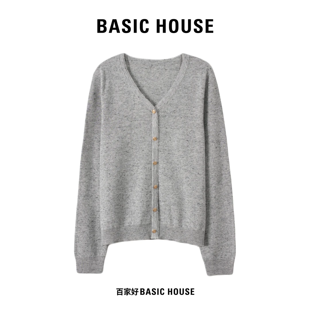 Basic House/百家好2025年秋V领小香风金属扣收袖针织衫P302 MM