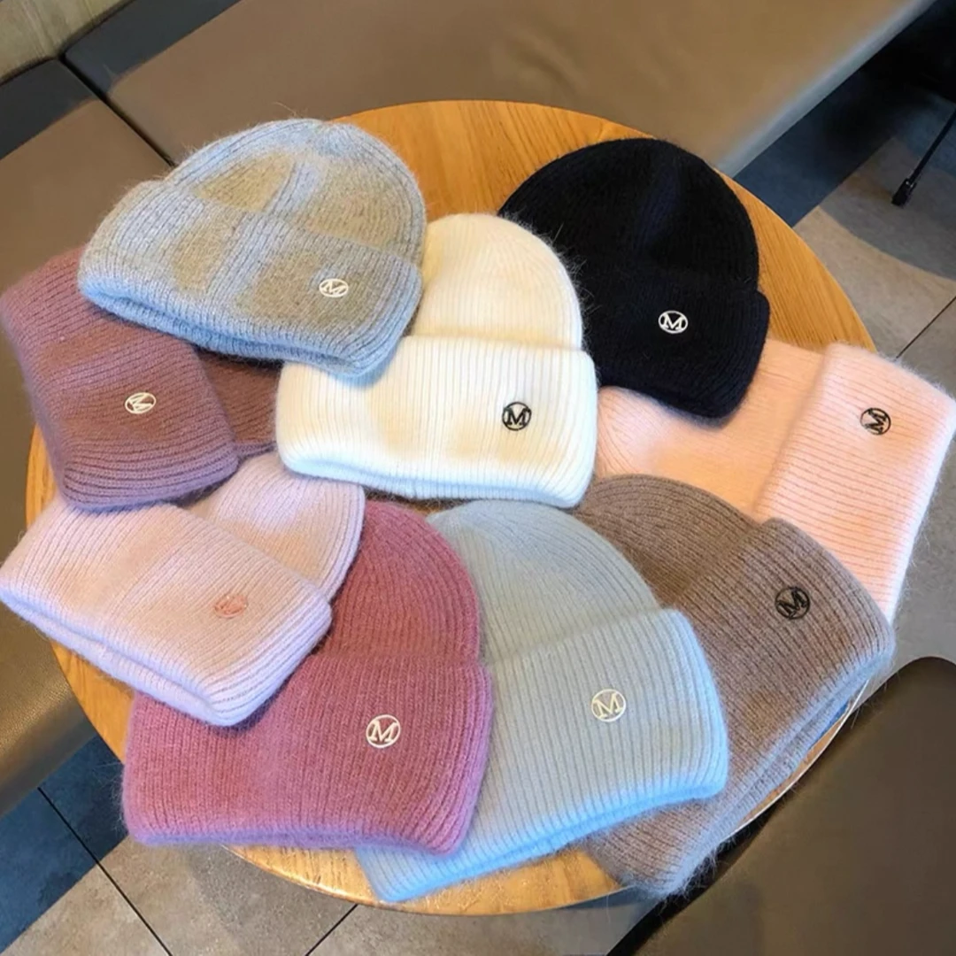 新款字母m标兔毛毛线帽女秋冬韩版百搭加厚保暖帽护耳兔毛针织帽
