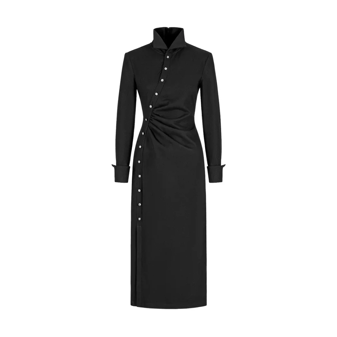 MULACKE穆兰赫 赫本风黑色显瘦设计师收腰褶皱气质立领连衣裙8160