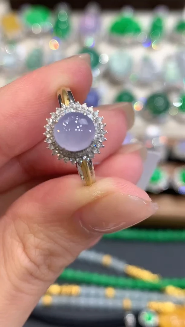 18K金镶嵌戒指翡翠q15紫货有色差