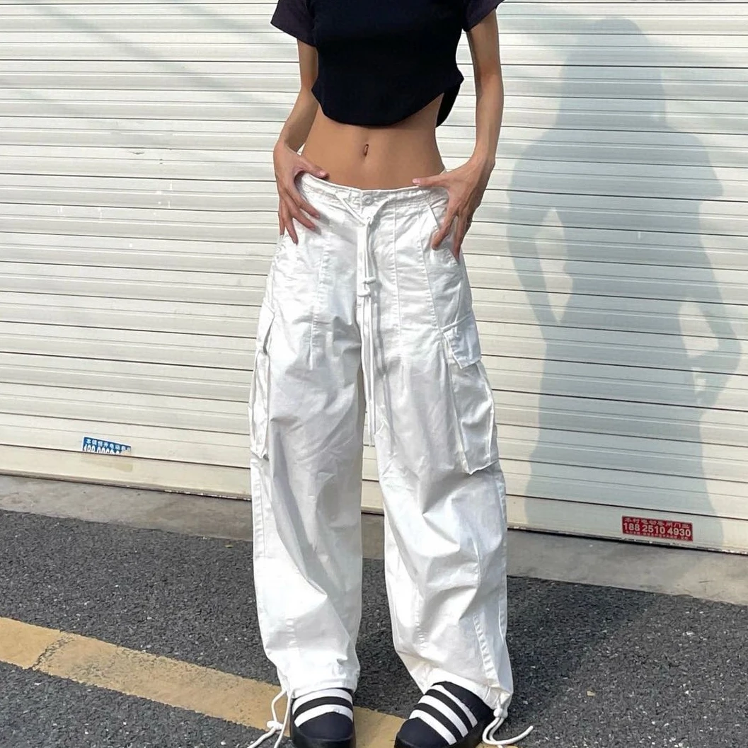 【海狸同款&伞兵工装裤】辣妹复古街头抽绳口袋工装宽松阔腿伞兵裤