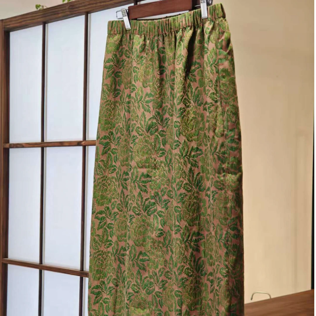 苍葭绿色半裙复古时尚中长款松紧腰开叉气质半身裙裙子