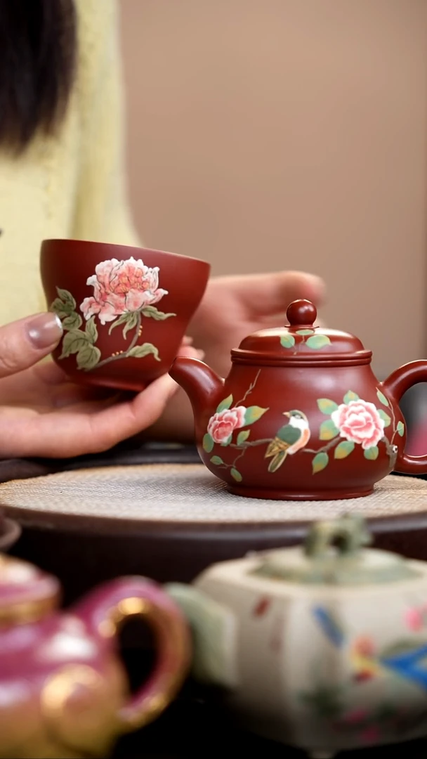 茶壶紫砂007 朱泥潘壶泥绘绿鸟+朱泥葫芦杯大花