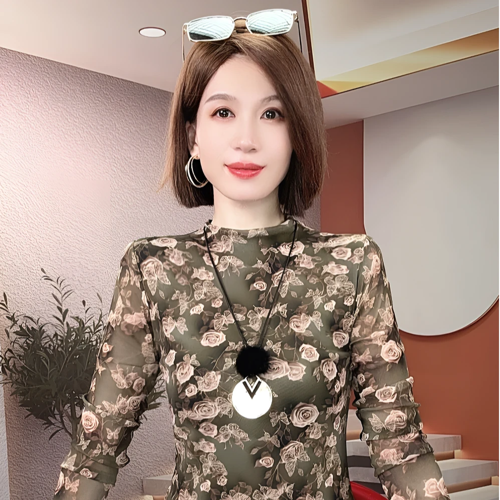 半高领网纱内搭打底衫女修身秋冬季长袖T恤上衣印花时尚复古小衫
