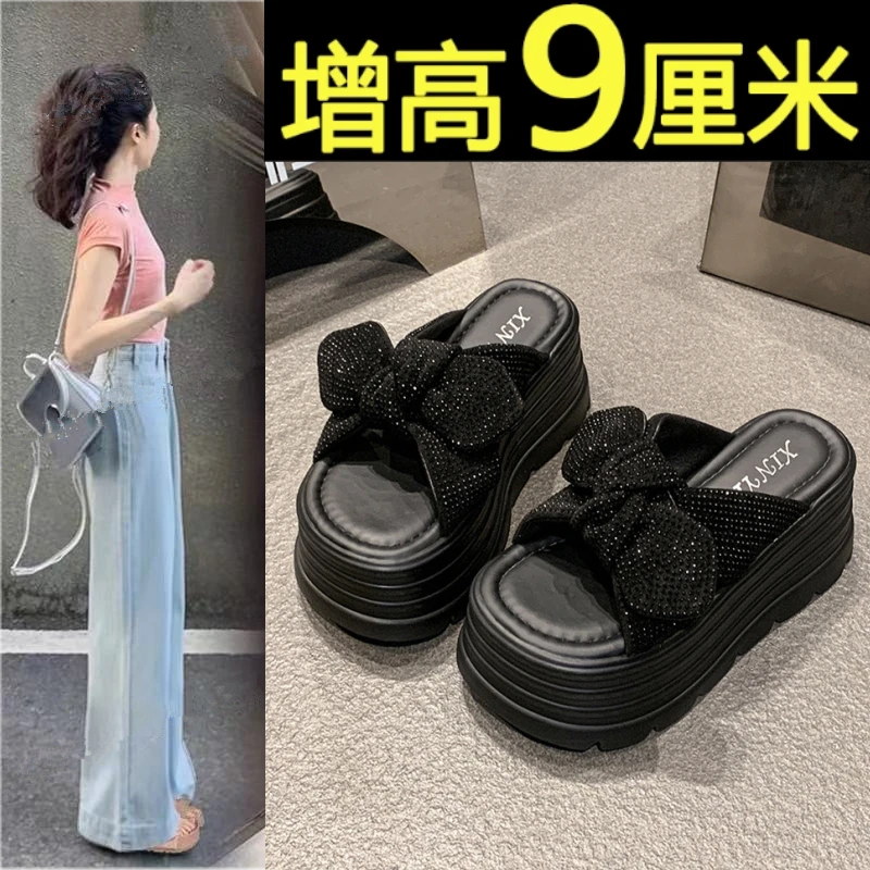 水钻一字凉拖外穿鞋女鞋2025夏季新款蝴蝶结休闲百搭厚底沙滩拖鞋