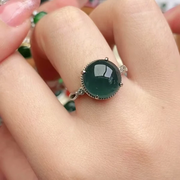 鑫辰珠宝天然A货翡翠银镶嵌设计款开口女戒指时尚百搭