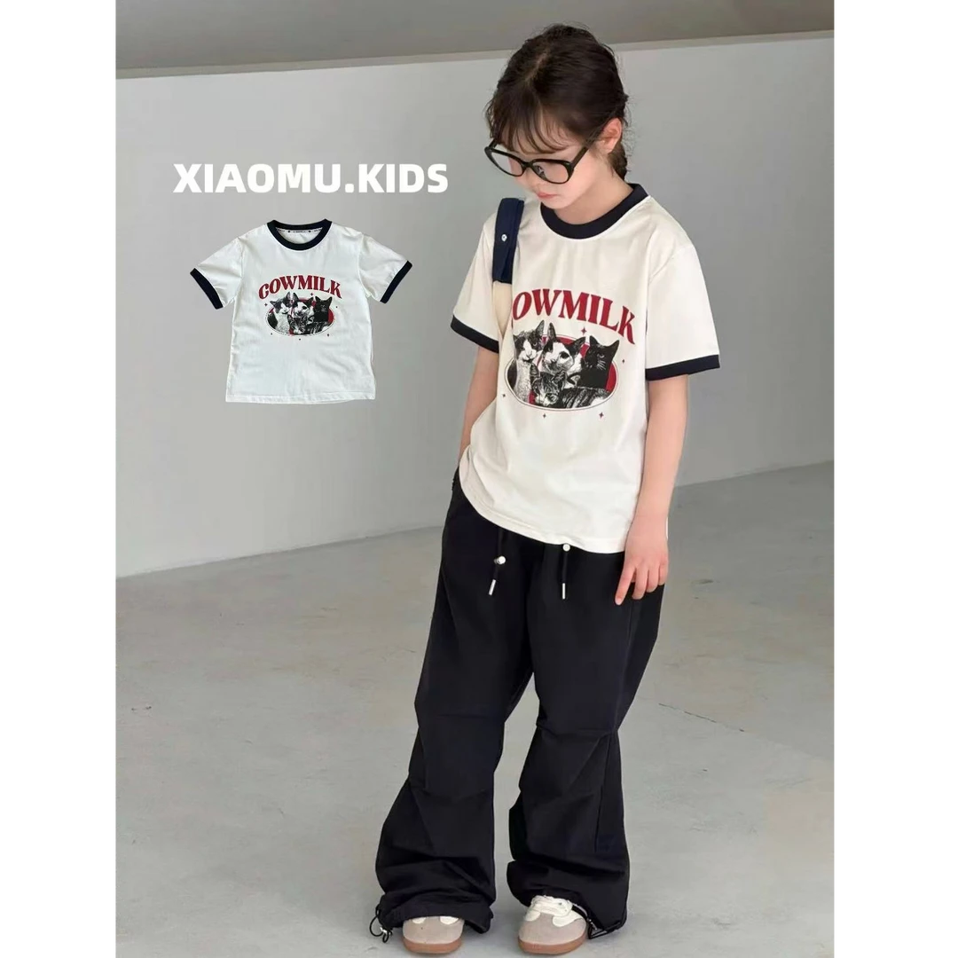 2025夏儿童英文印花休闲百搭潮流时尚撞色短袖T恤5328