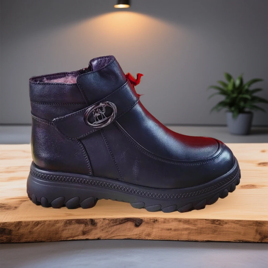 【头成牛皮】冬季女保暖圆头防滑短靴妈妈棉靴休闲高帮厚底25997