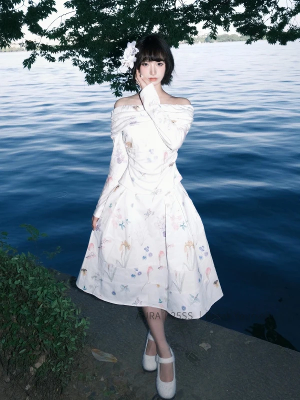 AURA 手绘印花碎花一字肩堆堆领长袖针织衫上衣半裙套装
