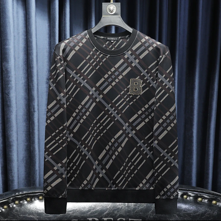 HAMOLENA高档字母刺绣格子潮牌套头卫衣男士秋季新款休闲打底卫衣