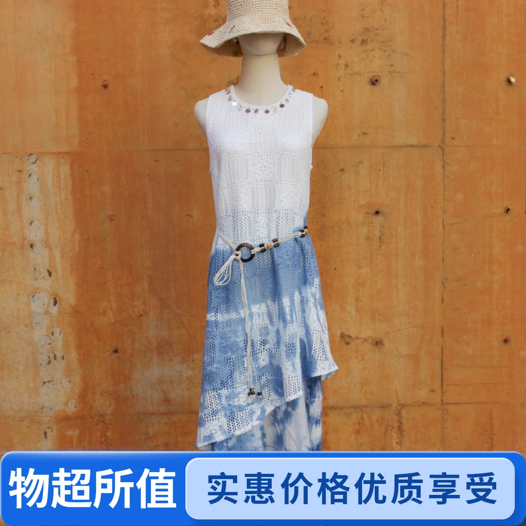 大理丽江手工扎染蕾丝宽松腰无袖夏慵懒风百搭长裙复古拼接连衣裙