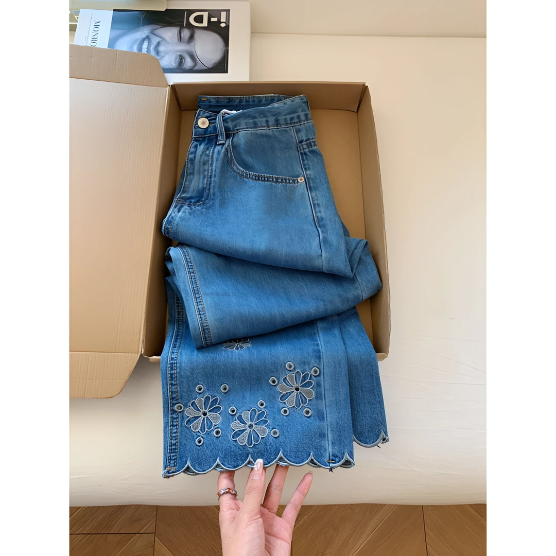 天丝刺绣宽松九分牛仔裤夏季新款梨型身材大码高腰显瘦百搭阔腿裤