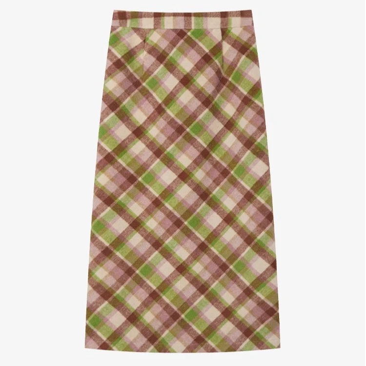 羊城故事粉绿格子毛呢松紧格纹减龄氛围感遮肉长半裙Y41246928