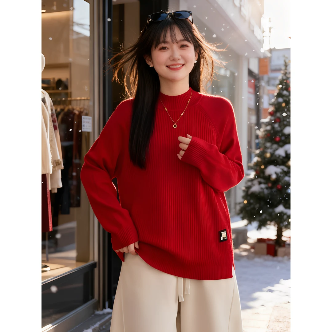 大码女装 胸108-126半高领加厚开叉贴标毛衣2331#
