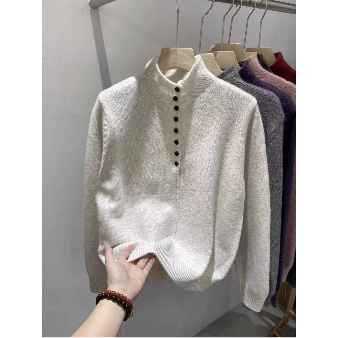 普拉那 479高级感慵懒风高领单排扣2025冬季新款内搭百搭毛衣潮