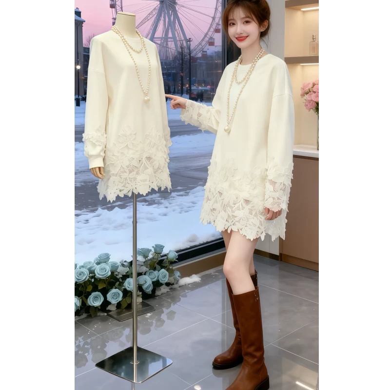 韩版万能搭蕾丝拼接设计中长款长袖T恤女2025冬季新款显瘦打底衫