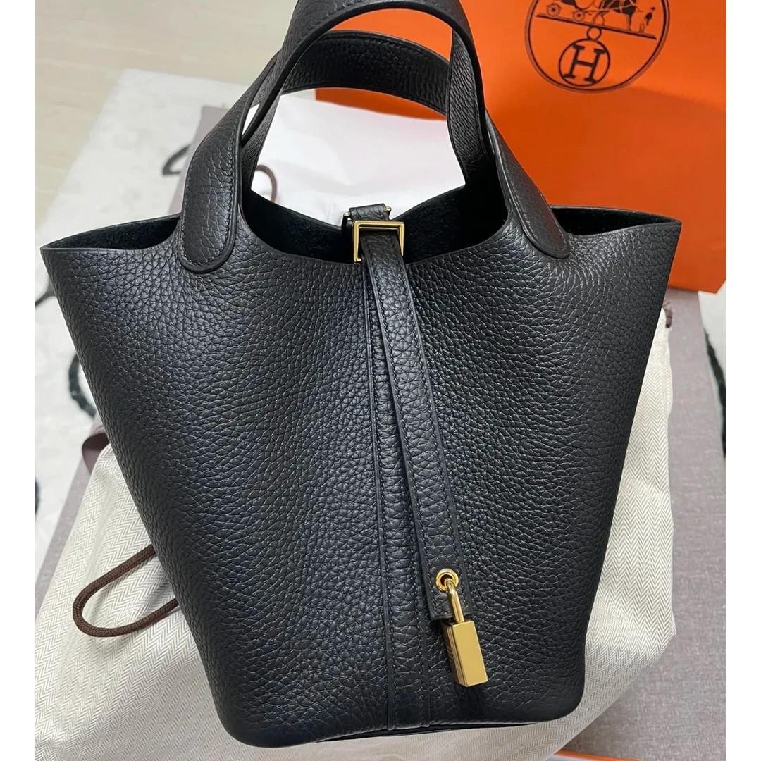 99新 Hermes/爱马仕 小花Jerry活动菜篮子 22黑色 TC皮 Y刻 金扣