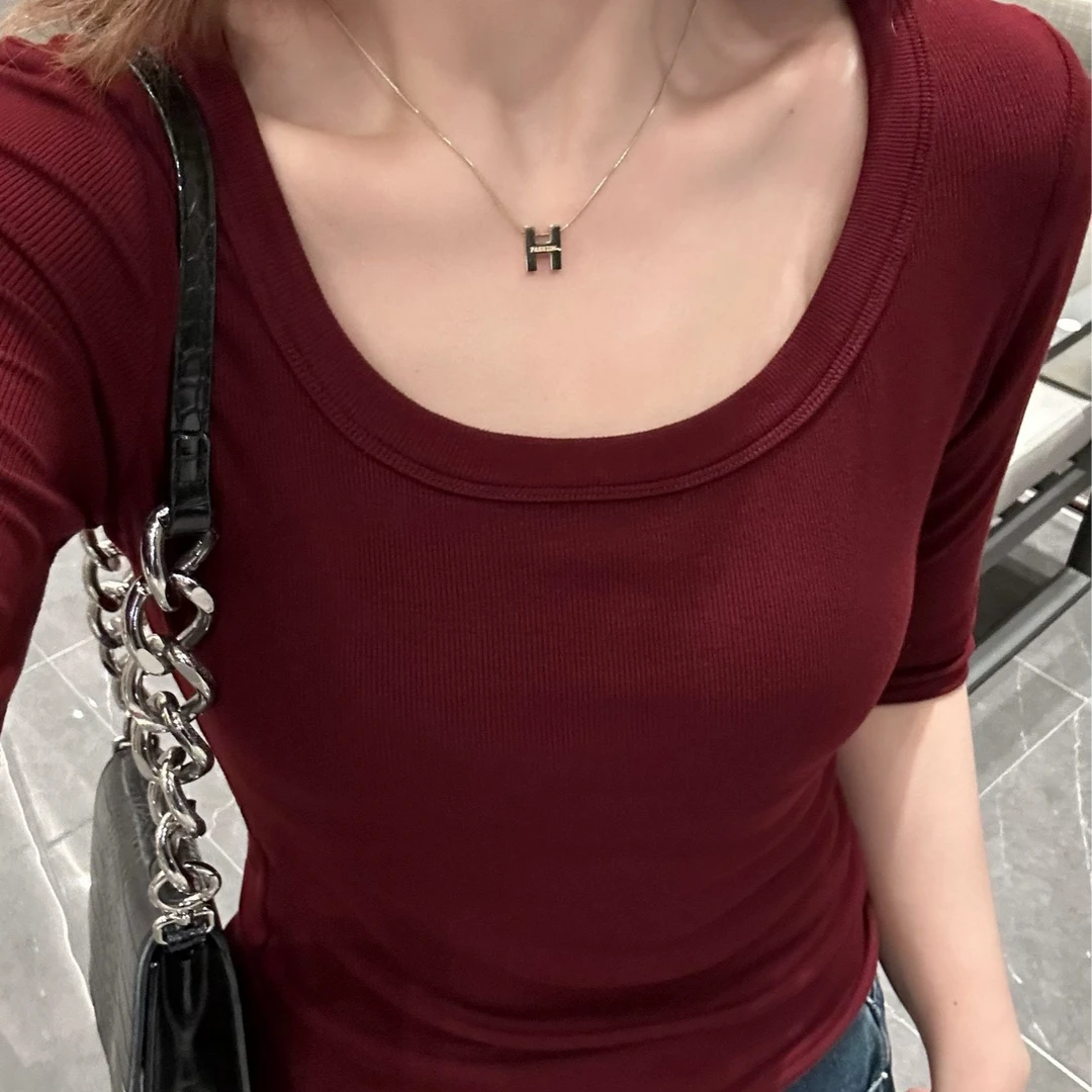 中袖大U领时尚洋气短袖t恤女显瘦u领螺纹新款上衣8877