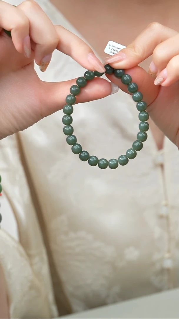 颈饰未镶嵌和田玉025-沙枣青苹果珠手串-8*7.3mm,26颗-N1998-1118