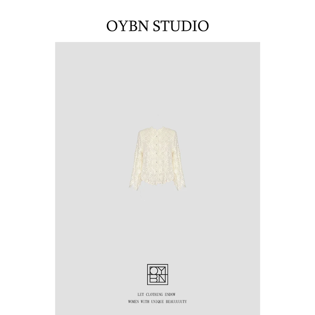 OYBN欧阳贝妮【千雪】微胖大码钉珠镂空亮片圆领蕾丝衫1538