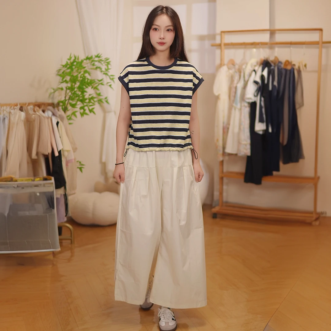 女童显瘦洋气宽松气质时尚夏季甜美条纹无袖短袖百搭裤子两件套