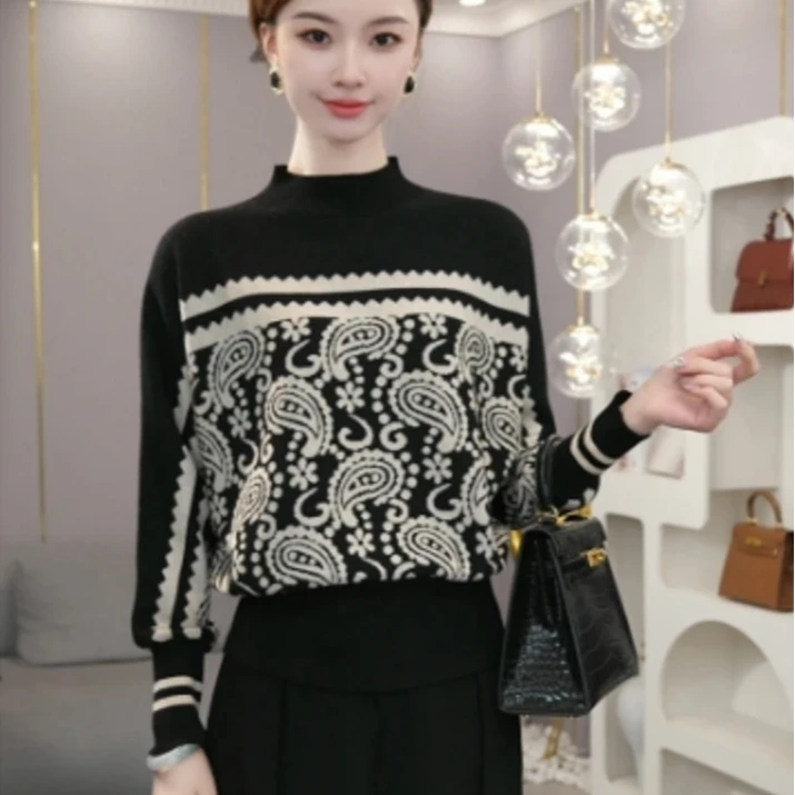 2024秋冬新款宽松气质时尚腰花纹针织衫毛衣女xS